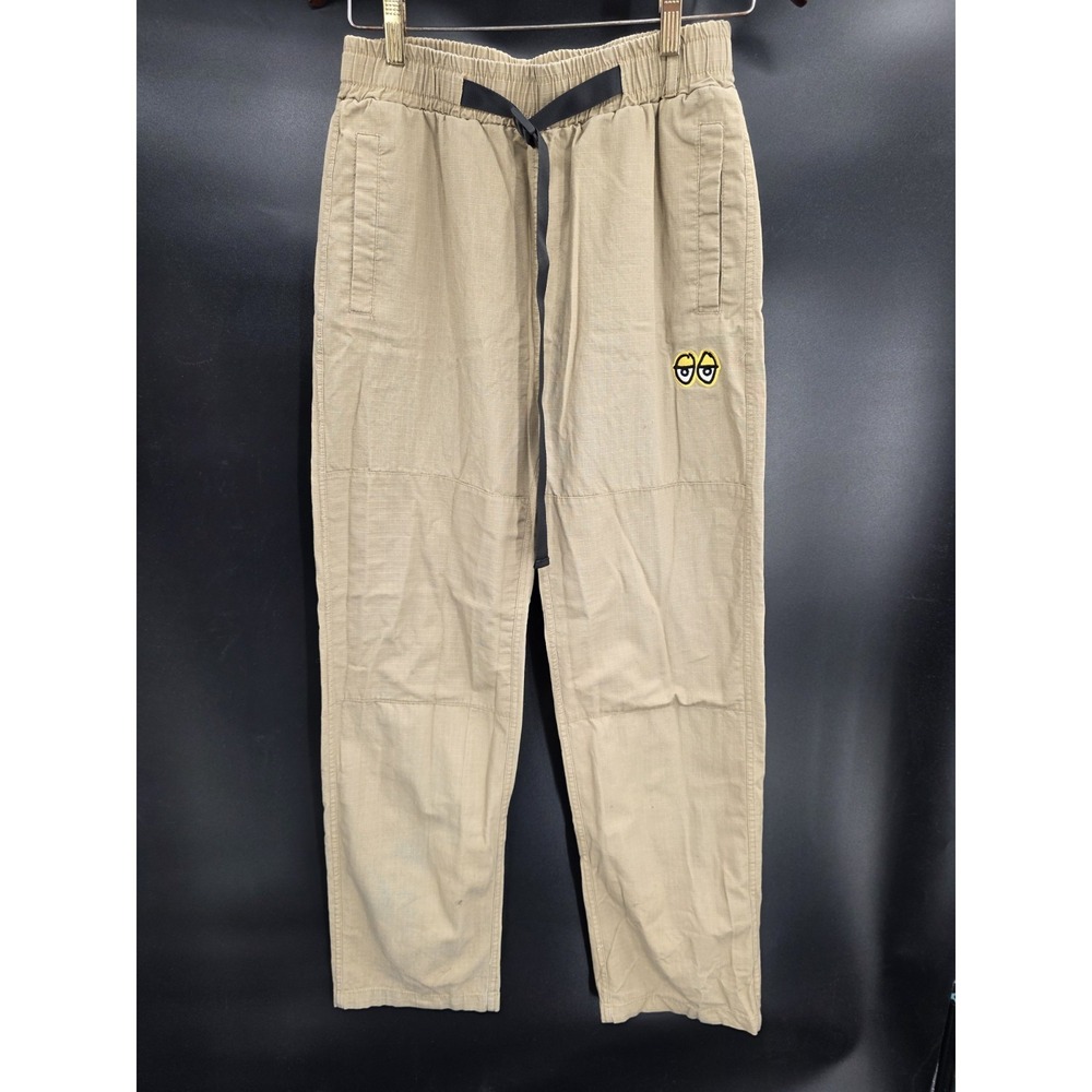 KROOKED EYES RIPSTOP Double Knee Pants Sz Small Khaki Beige Skater Belted Read
